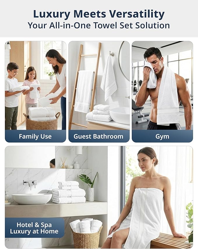 LANE LINEN Bath Towels Set of 6 – 100% Cotton, Zero Twist, 2 Large Bath Towel, 2 Hand Towels & 2 Wash Cloths, Quick Dry & Long-Lasting, Perfect for Family Bathrooms, Easy Care – White Towels