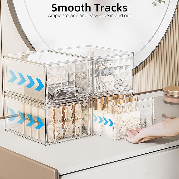 Delamu 2 Pack Stackable Storage Drawers, Makeup Skincare Holder Vanity Storage Organizer, Plastic Drawers For Vanity Desk, Undersink, Kitchen Cabinet, Pantry, Clear, Ideal Christmas Gifts for Girls