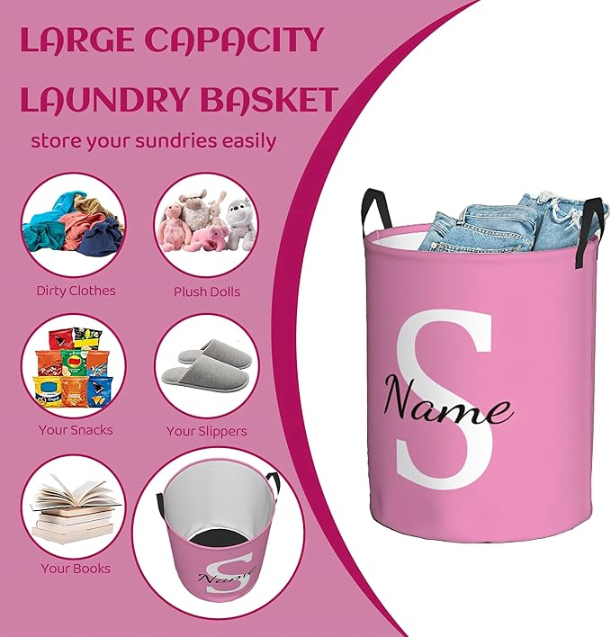 Custom Name Laundry Hamper, Personalized Laundry Basket with Name, Customized Dirty Clothes Storage Basket with Handles for Boys Girls Men Women Bathroom Bedroom(M)