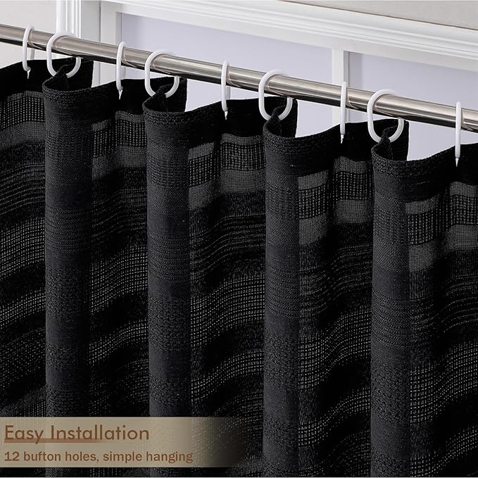 OVZME Extra Long Black Shower Curtain 96 Inch Long, Boho Linen Textured Soft Fabric Heavy Duty Cloth Bathroom Shower Curtain with Tassel, Tall Farmhouse Luxury Bath Decor, 72Wx96L Inches
