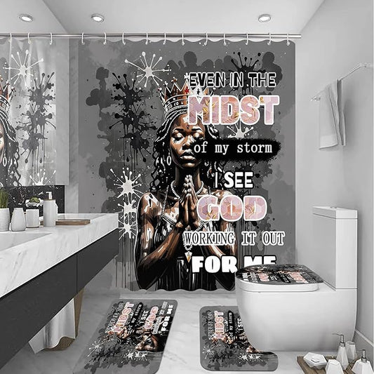 4 PCS Black Queen Shower Curtain Set with Waterproof Shower Curtain, Non-Slip Bath Mat, Absorbent Rug, Toilet Lid Cover, Inspirational Quote Afrcia American Black Woman Halloween Bathroom Decor Set