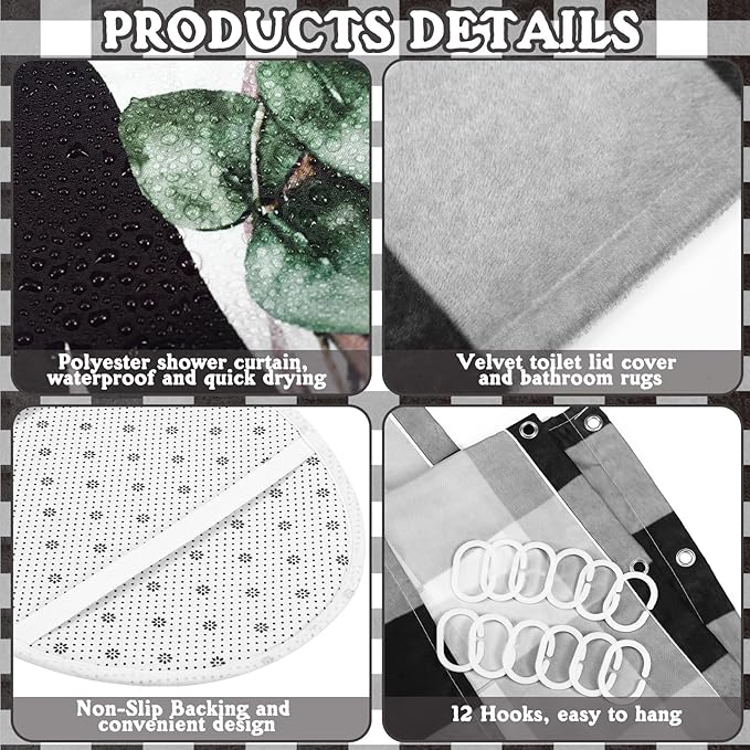 FuWeave 8 Pcs Black and White Shower Curtain Sets for Home Bathroom Green Eucalyptus Decor Rustic Plaid Bathroom Accessories Shower Curtain Sets with Towels Carpet Bath Mat Toilet Rugs and 12 Hooks