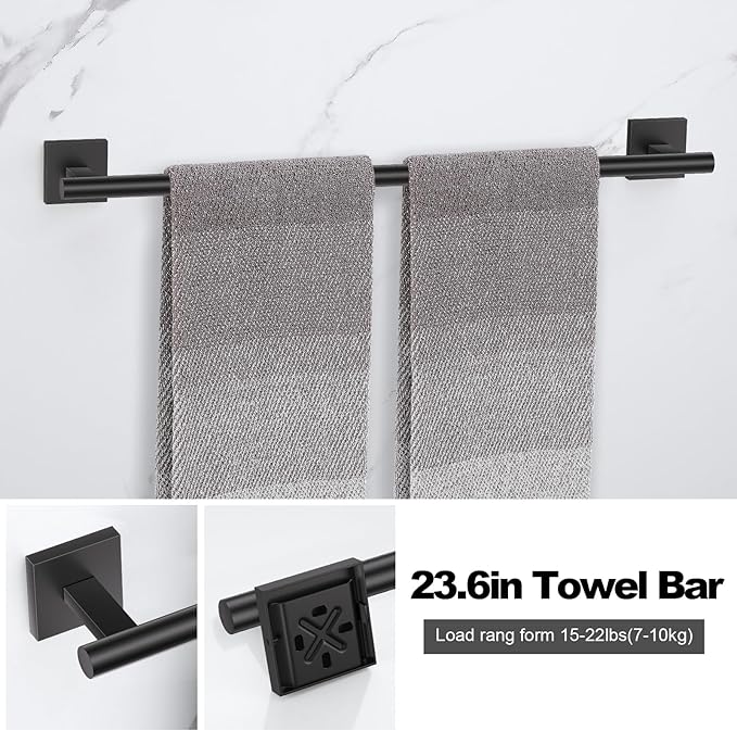 Matte Black Bathroom Hardware Accessories Towel Bar Set, 10 Pieces Bathroom Towel Bar Holder Set, 23.6 Inch Stainless Steel Toilet Paper Holder Towel Racks for Bathroom Wall Mounted