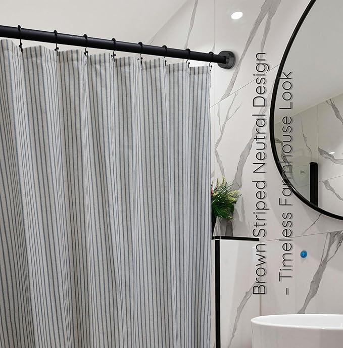 Farmhouse Striped Shower Curtain - 72x72 Inches, Linen Blend Fabric, Breathable & Machine Washable, Rustic Dusty Blue for Bathroom Decor (Hooks/Liner Not Included)