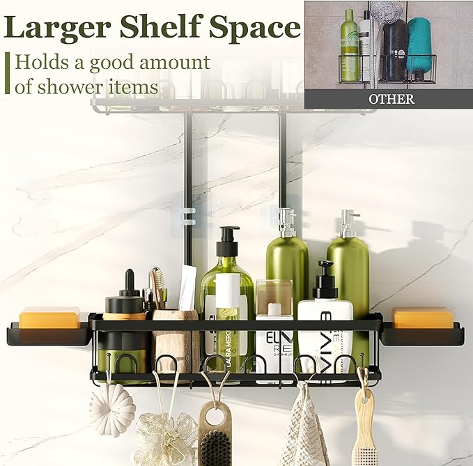 Skyapex Shower Caddy Hanging: Adjustable Height Organizer for Over Showerhead - Black Rustproof Shower Shelves with Hooks & 2 Soap Holders
