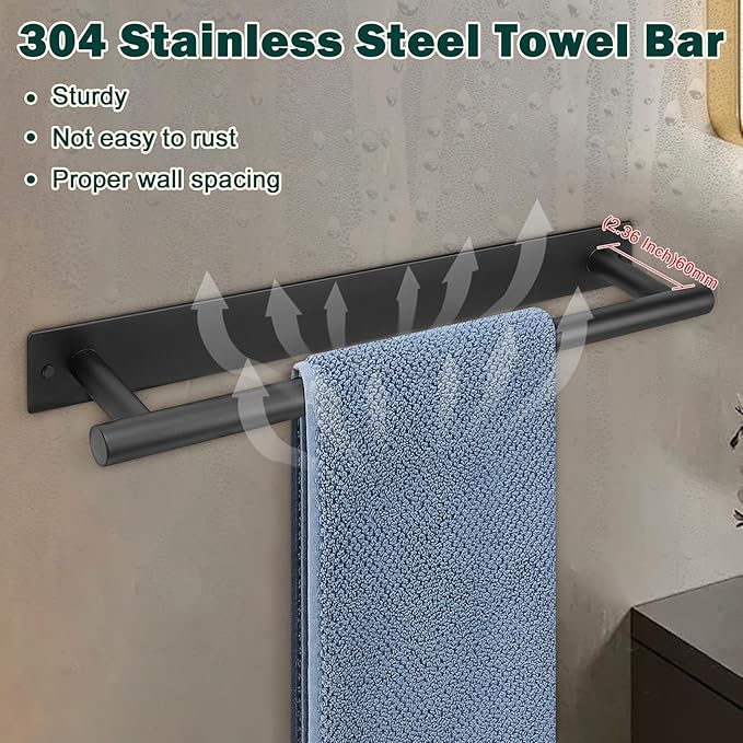 Self Adhesive Towel Bar, 16 Inch Round Towel Racks for Bathroom Wall Mounted SUS304 Stainless Steel Towel Hanger for Kitchen, No Drill or Screw-Mounted Towel Holder (Matte Black)