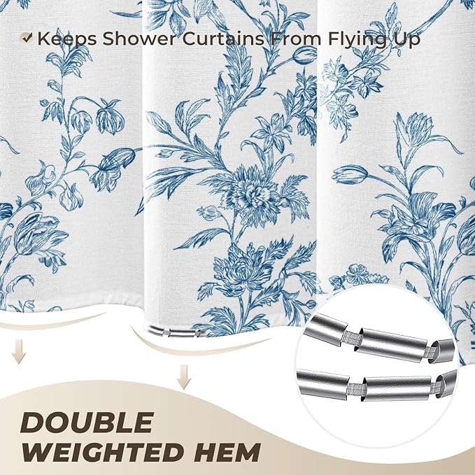 Blue Floral Shower Curtain, Cotton Linen Cottagecore Shower Curtains for Bathroom