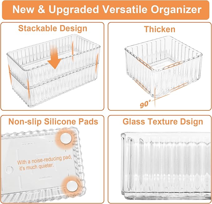 7 PCS Clear Drawer Organizers Bins, 4-Size Stackable Makeup Vanity Drawer Organizer Trays, Acrylic Bathroom Drawer Organizer Storage Containers for Cosmetic,Office Supply