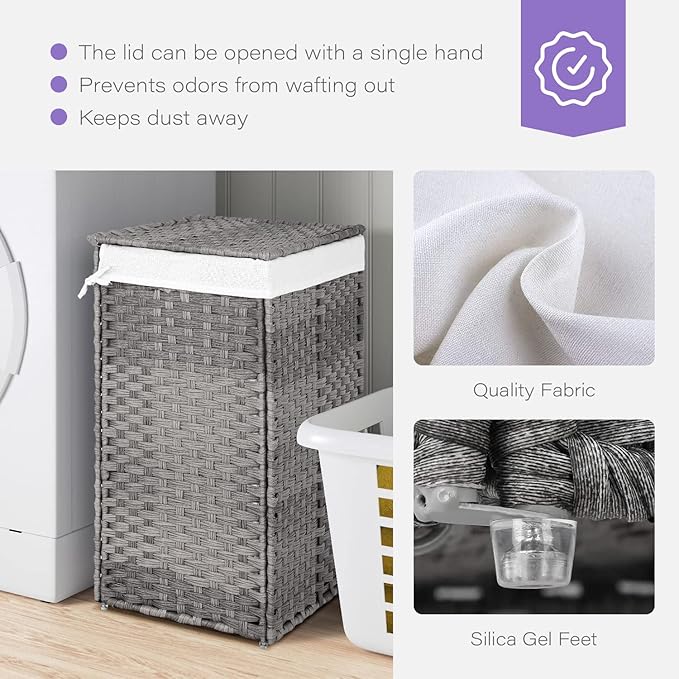 Paylesshere Laundry Basket Handwoven Laundry Hamper 90L/110L Foldable Rattan Hamper With Lid,2 Removable Liner Bags & 6 Laundry Bags,Clothes Hamper Bathroom Laundry Basket,Grey
