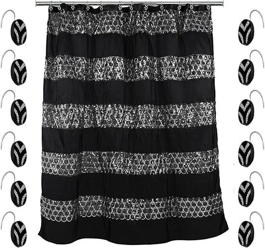 Zahari Home 13pc Sinatra Bathroom Shower Curtain Set Classic Shower Curtain & 12 Shower Curtain Hooks Luxury Fabric Shower Curtain Unique Design Bling Black Shower Curtain Set
