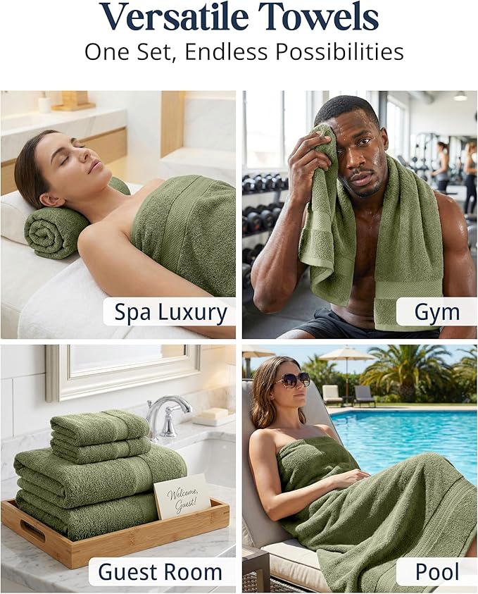 Lane Linen 100% Cotton Luxury Bath Towel Set - 16 Pieces - Ring Spun, Super Soft & Highly Absorbent - 4 Bath, 8 Washcloths, 4 Hand Towels for Bathroom - Minimal Lint & Fading, Pre Shrunk - Olive Green