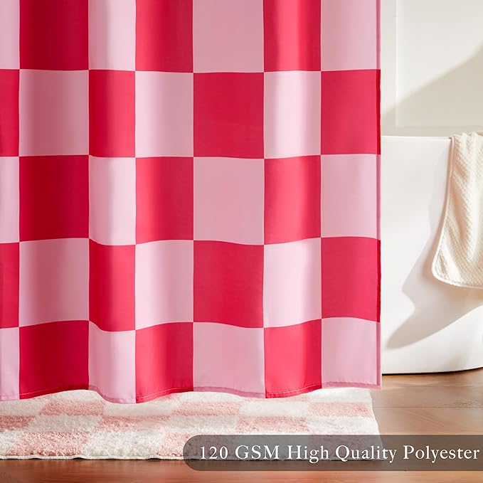 Checkered Shower Curtain, Doule Pink Plaid Shower Curtains for Bathroom, Cute Retro Checkboard Shower Curtain Vintage Aesthetic, Washable Fabric Bath Curtain 72''x72''