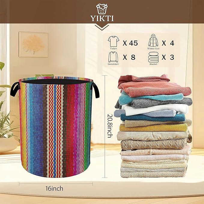Mexican Stripes Laundry Hamper,Ethnic Collapsible Laundry Baskets,Waterproof Oxford Cloth Laundry Room Organization for Bedroom,Bathroom,Nursery,16x20 Inch