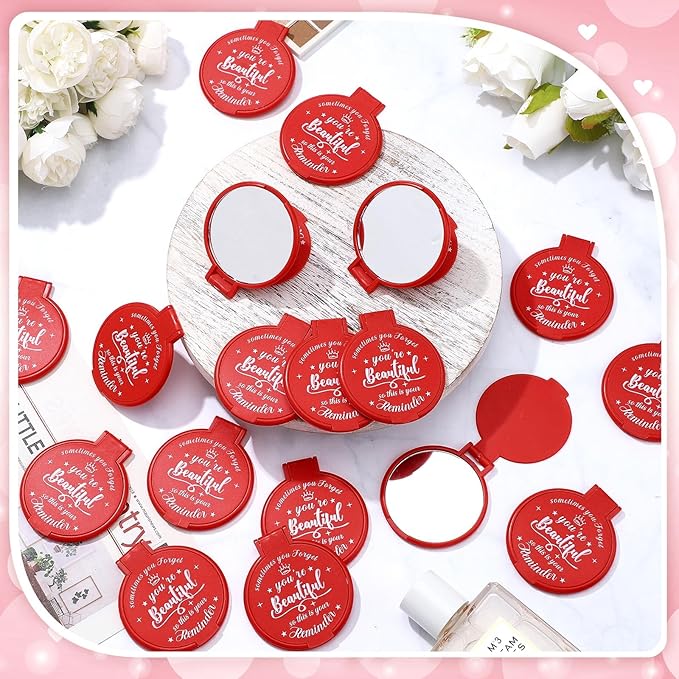 18 Pcs 2.76 Inch Inspirational Compact Mirror Bulk Women Small Gifts Graduation Party Favors Purse Mirror Pocket Mini Stuffer Items for Adult Coworker Cheerleader Employee (Red)