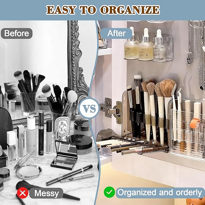 Wall-Mounted Makeup Organizers, 16-Slot Eyeliner Lip Liner Organizer Holder, Open Easy-Access Design, Space-Saving Bathroom Makeup Brush Storage Rack, Transparent Brown