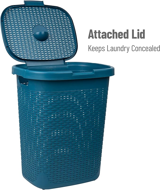 Mind Reader 50L Slim Laundry Hamper, Clothes Basket, Lid, Wicker Design, Plastic, 17.65"L x 13.75"W x 21"H, Blue