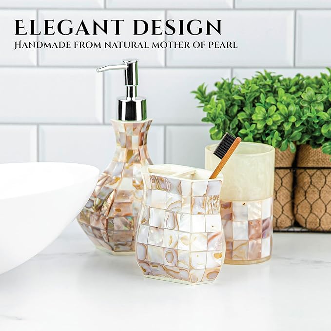 Milano Hand Soap Dispenser for Bathroom, Decorative Countertop Lotion Dispenser Finished in Beautiful Mother of Pearl, with Durable Pump for Elegant Bathroom Decor