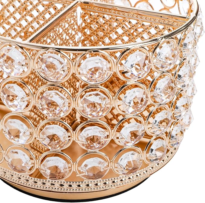 Hedume Crystal Vanity Organizer with 4 Compartments, 360 Degree Rotating Makeup Brush Holder, 4-Slot Glitter Gold Spinning Cosmetic Brushes Display Multi-Functional Desk Organizer Home Decor