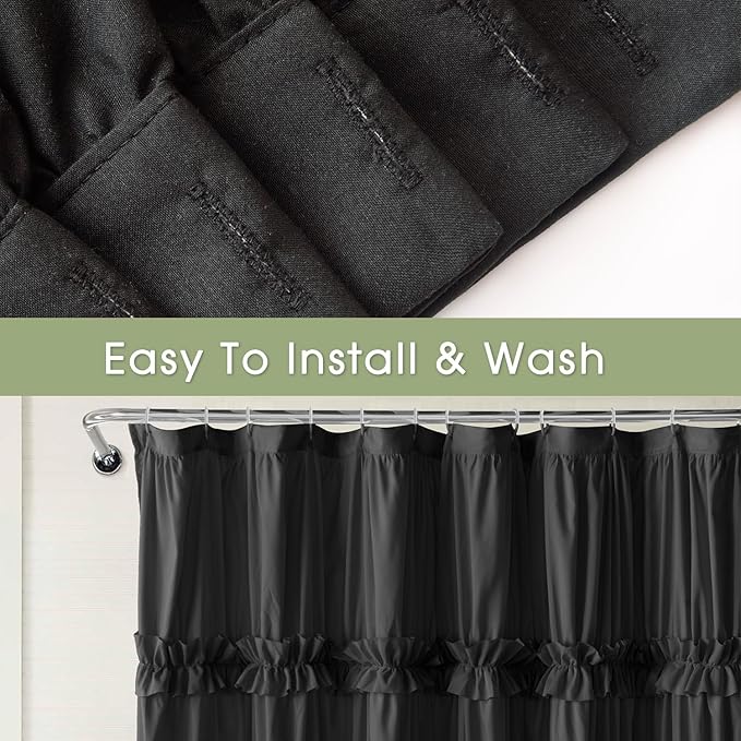 Farmhouse Ruffle Shower Curtain with Handmade Ruched, Vintage Ruffled Fabric Bathroom Curtains, Decorative Elegant Bathroom Curtain with 12 Holes, Black, 72" W x 72" H(N60049)