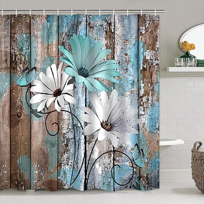 AZHM Farmhouse Flower Floral Shower Curtain Set 4pcs Rustic Teal Turquoise Daisy Bathroom Accessory Set with Rugs and 12 Hooks
