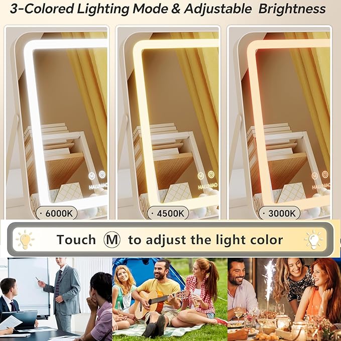halumao 14.5" Rechargeable Vanity Mirror with Lights, 3500 mAh Lighted Makeup Mirror, Smart Touch 3 Colors Dimmable, Tabletop Mirror for Makeup Desk, Memory Function