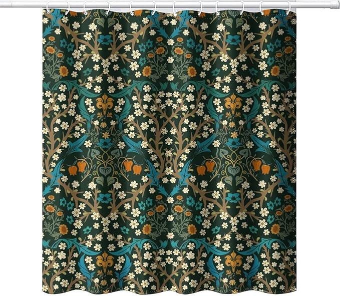 Mid Century Vintage Daisy Fabric Shower Curtain,Green Garden Flower William Morris Abstract Art Hotel Quality,Machine Washable,72L x66W for Bathroom.