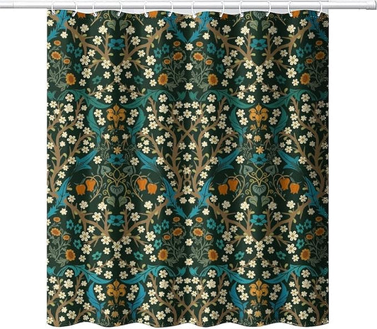 Mid Century Vintage Daisy Fabric Shower Curtain,Green Garden Flower William Morris Abstract Art Hotel Quality,Machine Washable,72L x66W for Bathroom.