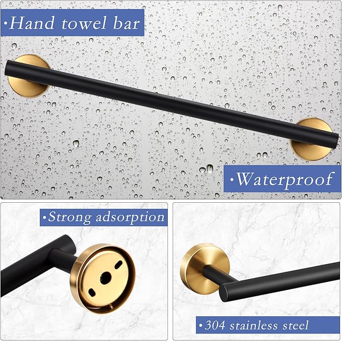 10 Pcs Matte Bathroom Hardware Set SUS304 Bathroom Hanger Set 16 Inch Hand Towel Bar Towel Holder Toilet Paper Holder Angled Hook 2 Robe Towel Hooks Wall Mounted Accessory(Black, Gold)