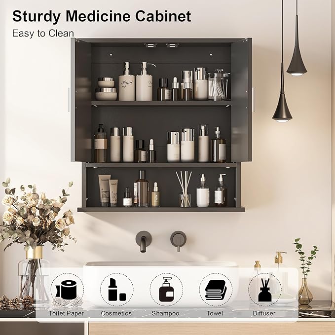 23x24 Bathroom Medicine Cabinet,2 Doors Oval Bathroom Wall Cabinet,Over The Toilet Storage Cabinet for Bathroom/Kitchen,Wall Mounted Medicine Cabinets,Black Bathroom Cabinets with Storage