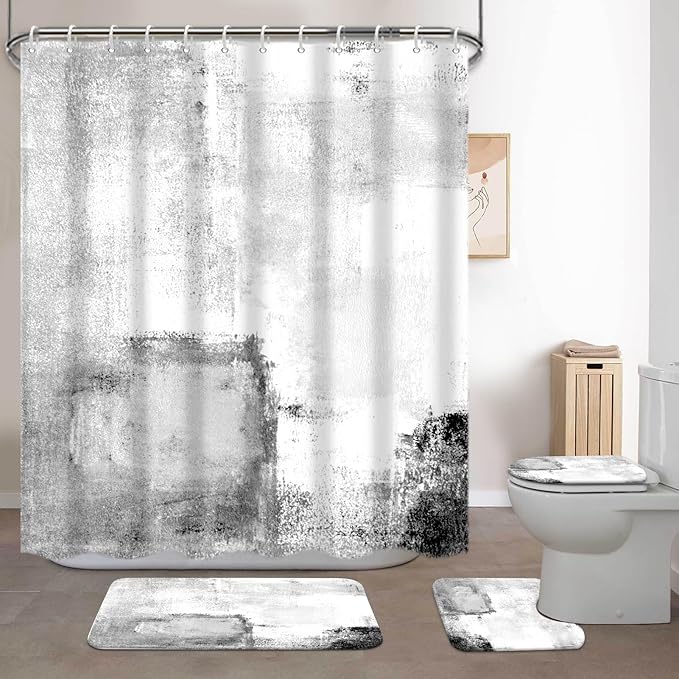 Lnond 4Pcs Bathroom Shower Curtain Sets with Rugs,White Black Painting Art Bathroom Sets with Shower Curtain and Rugs and Accessories