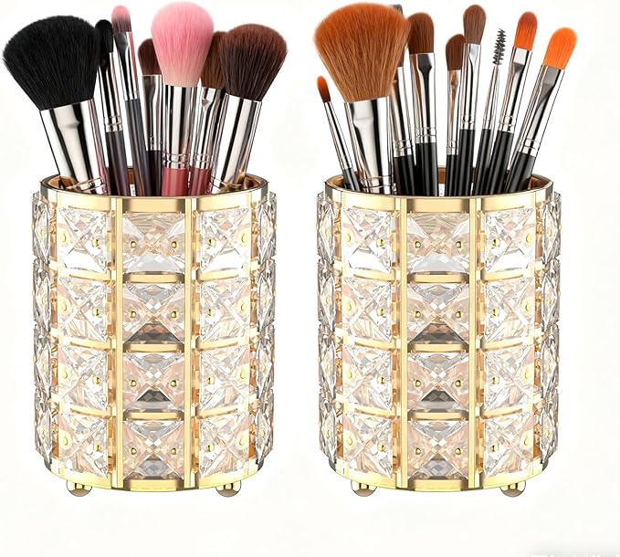 LUGUNU Makeup Brush Holder with Golden Crystal Bling ?€? Elegant Vanity Organizer for Brushes, Pens & Pencils, Ideal for Bathroom or Office Countertop(2Pack)