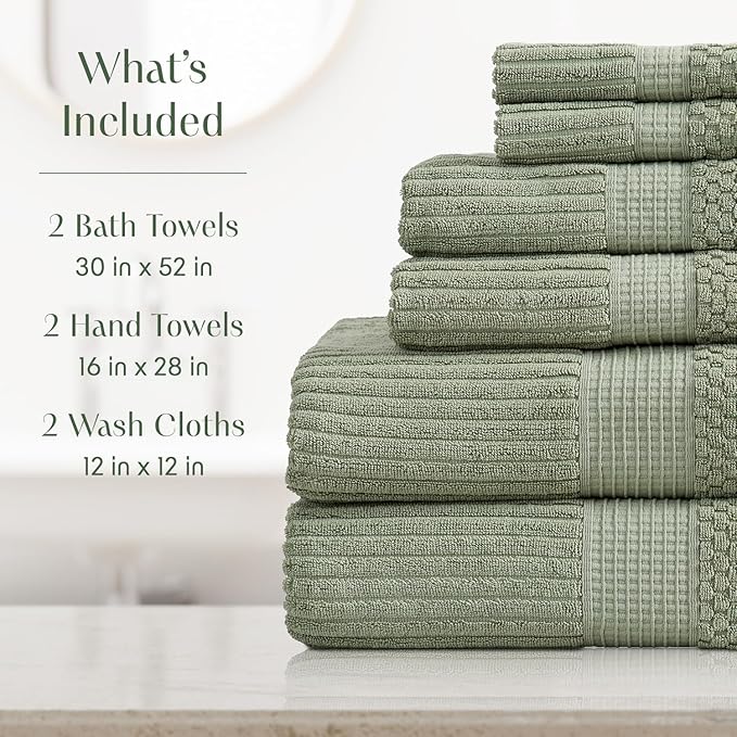 Springtree Home 100% Cotton Towel Set 6 Piece Set | Super Soft & Absorbent Quick-Dry 2 Bath Towels 2 Hand Towels & 2 Washcloths |Textured and Durable Cotton | Krista Collection (Lily Pad Green)