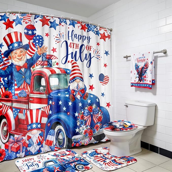 FuWeave 8 Pcs 4th of July Shower Curtain Set for Patriotic Bathroom Decor Include Red White and Blue Gnomes American Flag Shower Curtain Towels Non Slip Rugs Toilet Lid Cover Bath Mat and 12 Hooks