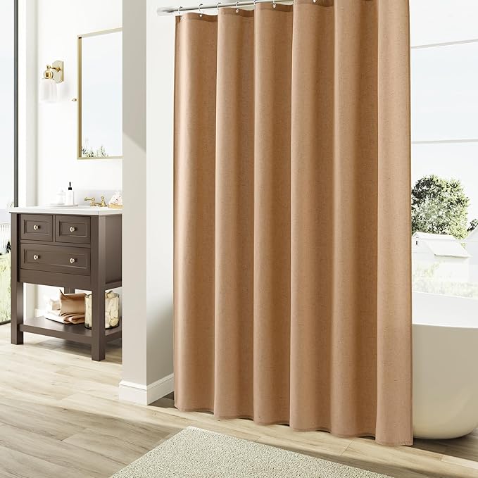 Naturoom Camel Linen Shower Curtain, Country Boho Farmhouse Bath Decor Shower Curtains Neutral Cloth Weighted Textured Fabric Bath Curtain Liner with Hooks, 72x72