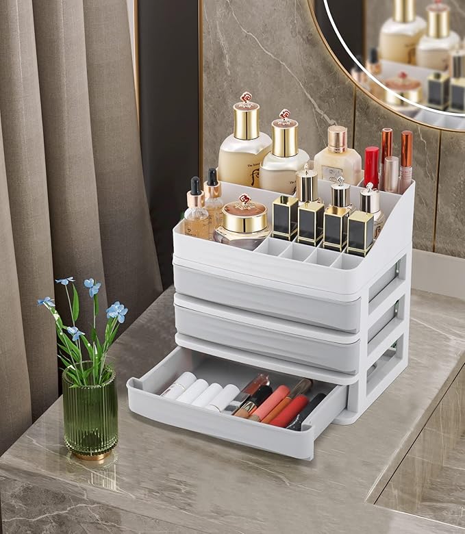 ELUCHANG Cosmetics Makeup Organizer Storage: 9.6" Detach Make Up Organizers and Storage with Drawers Large Skincare Organizers for Vanity Countertop Dresser Bedroom Bathroom Desk