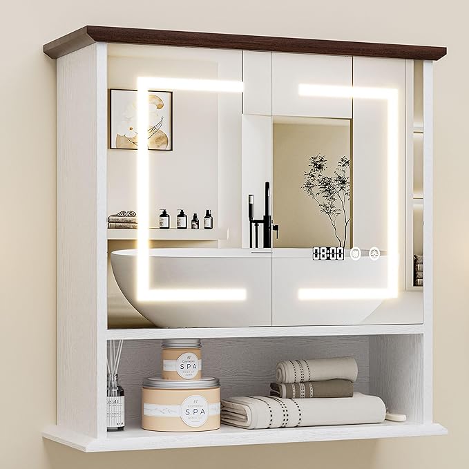 Bathroom Medicine Cabinet with Mirror, Lighted Storage Cabinet Wall Mounted with Doors & Adjustable Wood Shelf, Modern Bathroom Mirror with LED Lights Defogger for Makeup Laundry/Living Room, White