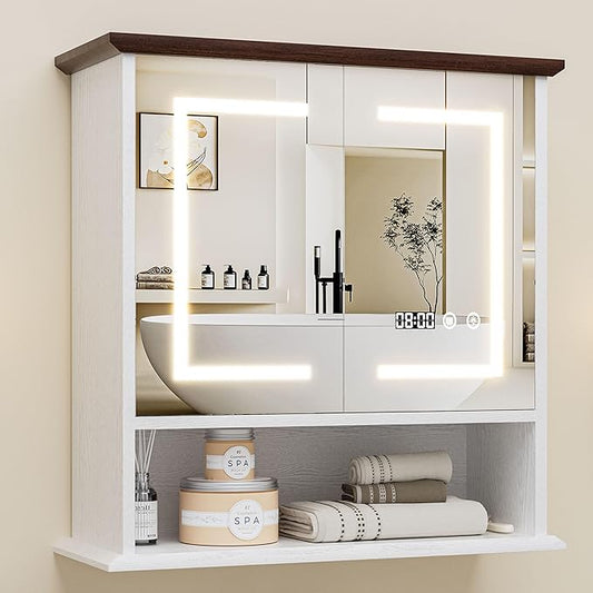 Bathroom Medicine Cabinet with Mirror, Lighted Storage Cabinet Wall Mounted with Doors & Adjustable Wood Shelf, Modern Bathroom Mirror with LED Lights Defogger for Makeup Laundry/Living Room, White