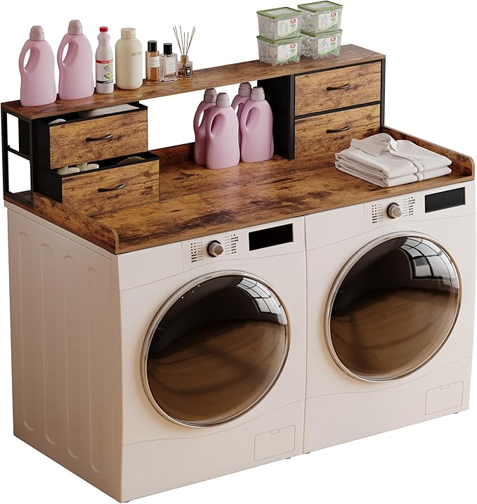 Unionly Washer and Dryer Countertop, 27.5" D x 53.9" W x 12.9" H Solid Wood Washer Dryer Countertop with Organizer Shelves with Four Drawers for Laundry Room Organization (Rustic Brown)