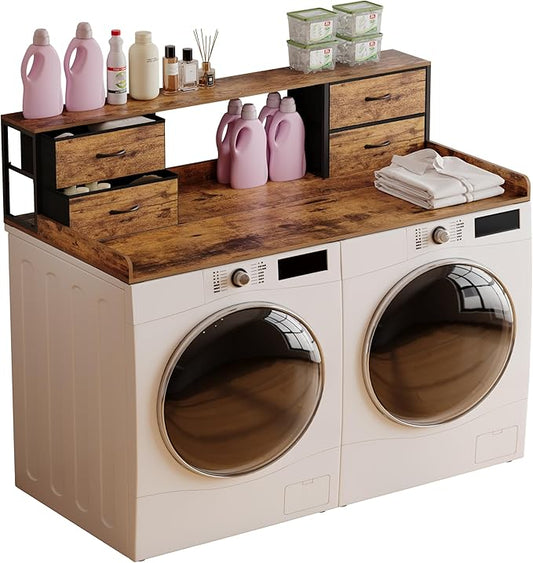 Unionly Washer and Dryer Countertop, 27.5" D x 53.9" W x 12.9" H Solid Wood Washer Dryer Countertop with Organizer Shelves with Four Drawers for Laundry Room Organization (Rustic Brown)