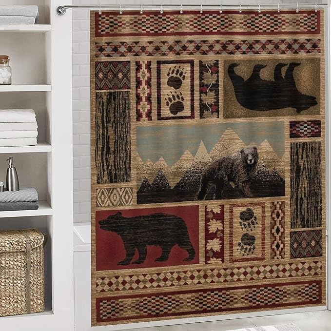 Rustic Cabin Bear Shower Curtain Sets with Rugs 4 Piece Accessories Bathroom Curtains Shower Set Include Shower Curtain Non-Slip Rug Toilet Lid Cover Bath Mat One Size
