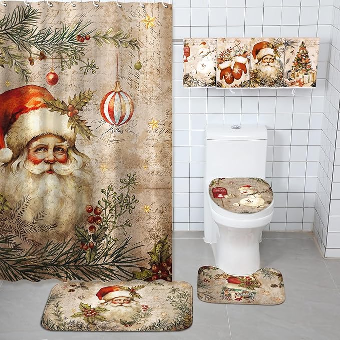 FuWeave 8 Pcs Christmas Shower Curtain Set Xmas Santa Bathroom Decoration Christmas Tree Hand Towels Snowman Toilet Lid Cover Bathroom Rugs Xmas Shower Curtain with Hooks(Santa Claus Style)