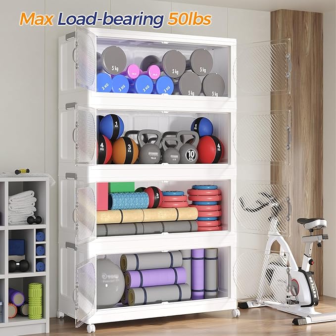 300QT Extra Large Stackable Storage Bins with Lid, 75Gal Plastic Closet Organizers and Storage Drawer, Collapsible Cabinet Box with Wheels Clear Doors for Home Kitchen Office, 5Pack White