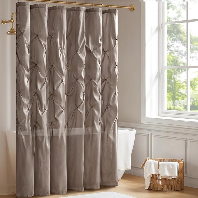 Madison Park Laurel Semi-Sheer Taupe Shower Curtain – Lightweight Faux Silk Fabric, 72x72 in, Light Filtering, Modern Style Bathroom Curtain Textured Tufting Detail Modern Mid-Century Bathroom Decor