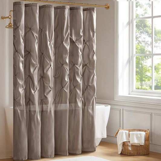 Madison Park Laurel Semi-Sheer Taupe Shower Curtain – Lightweight Faux Silk Fabric, 72x72 in, Light Filtering, Modern Style Bathroom Curtain Textured Tufting Detail Modern Mid-Century Bathroom Decor