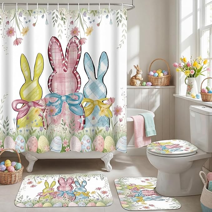 Hahafelt 4 Pcs Spring Easter Bunny Shower Curtain Sets 71 x 71 Inch Shower Curtain with 12 Hooks, Toilet Lid Cover, U Shape Bath Mat, Rectangular Bath Mat Easter Bathroom Decor Accessories