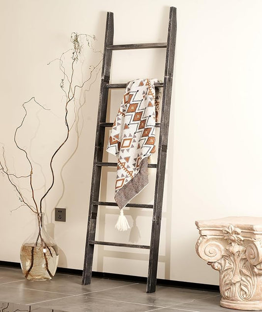 Blanket Ladder for The Living Room 6-Tier, Wooden Decorative Quilt Holder for Bed Room, Wall-Leaning Wood Towel Rack for Bathroom，Rustic Farmhouse Ladders for Display.(Black Wash)
