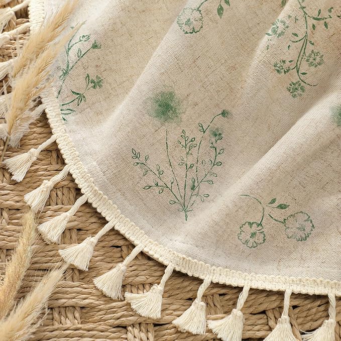 Green Floral Vintage Linen Shower Curtain, French Country Shower Curtains for Bathroom with Tassels, 72Wx72H
