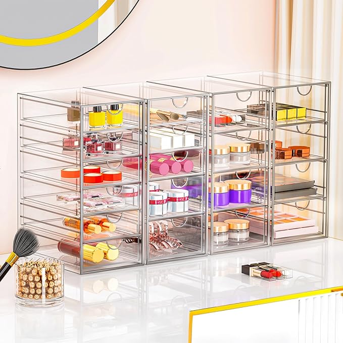 Acrylic Makeup Organizer with 31 Drawers, 6 Pack Clear Storage Drawers, Bathroom Makeup Organizer for Palettes, Cosmetic, and Beauty Supplies,Ideal for Vanity, Cabinet,Desk Organization