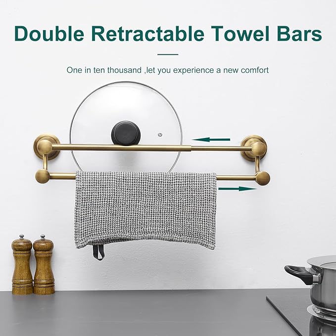 Hoimpro Adjustable Retractable 15-27 Inches Stainless Steel Bathroom Towel Bar, Bathroom Accessories Bath Hotel Double Towel Bar Rod Hanger Wall Mounted Towel Holder Towel Rack, Antique Brass
