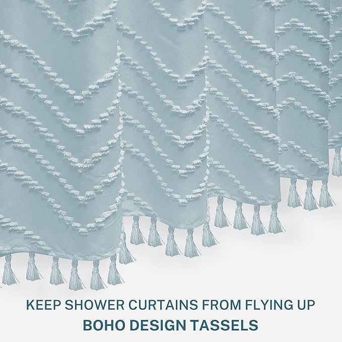 Boho Fog Blue Shower Curtain Woven Fabric Cute Shower Curtain, 72 x 72 Tufted Chevron Textured Striped Modern Farmhouse Minimalist for Bathroom